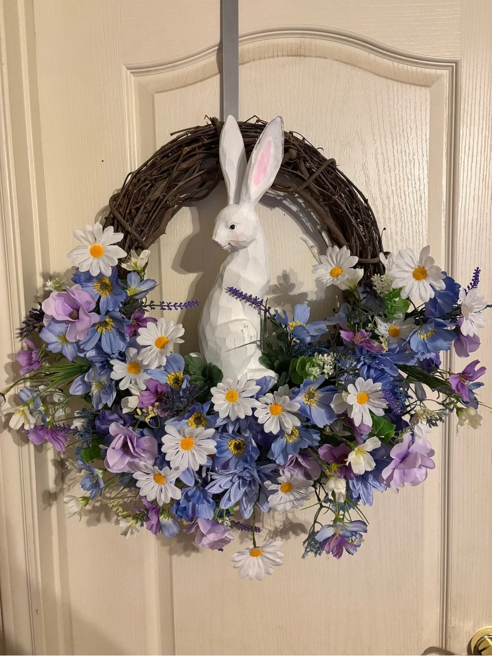 Spring Bunny Floral Wreath - Blue, White & Purple Faux Flowers
